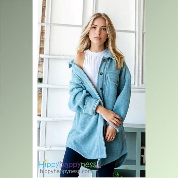 Oli & Hali Shacket Shirt Jacket Oversized Plush Dusty Blue S,M,L,XL,1X,2… - Picture 2 of 8